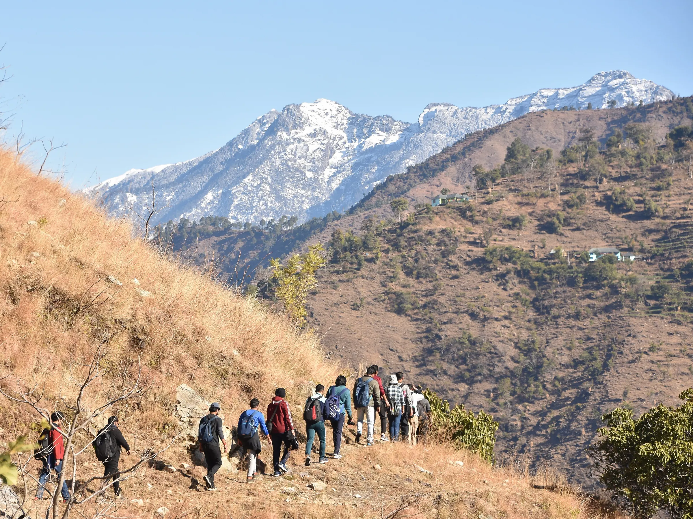 A line of trekkers working along an open ridge